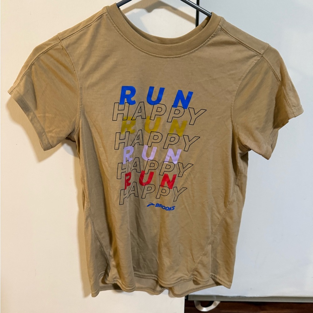 Brooks Kids Tan T-Shirt with Colorful 'Run Happy' Design
